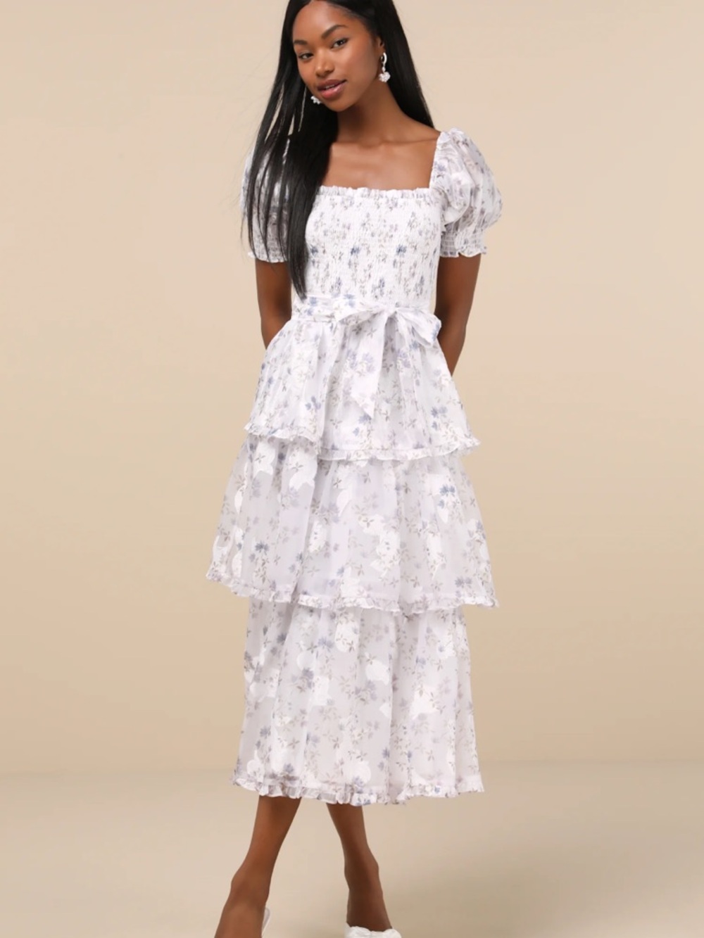 New Lulus Darling Posture White Floral Tiered Midi Dress with Puff Sleeves Sz XS - Picture 7 of 8